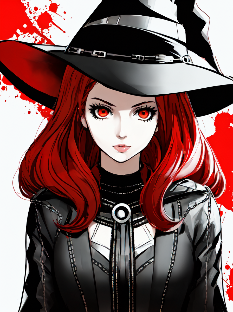 ranni the witch, (persona5 styles), persona5 theme, persona background, white_outline on character, high quality, 1girl, c...
